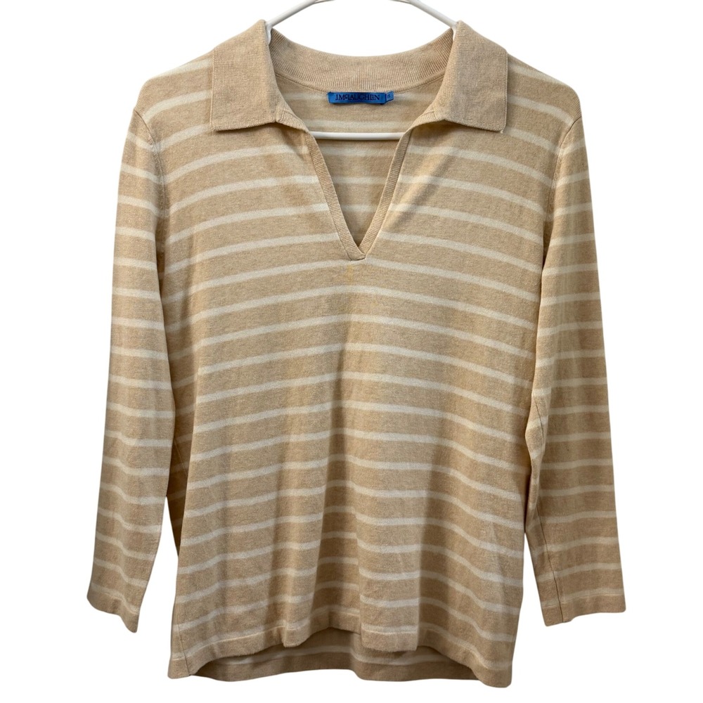 J McLaughlin Womens Beige White Striped Collared V Neck Long Sleeve Sweater XS